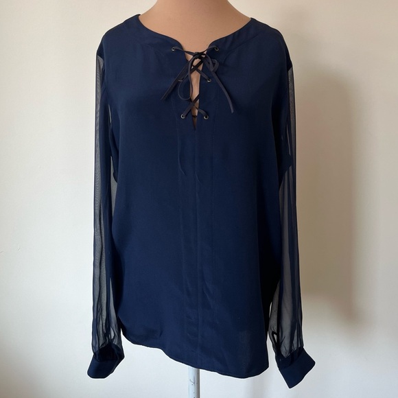 Ramy Brook Tops - Ramy Brook Navy Blue Silk Lace Up V-Neck Sheer Long Sleeve Blouse Top EUC Size M